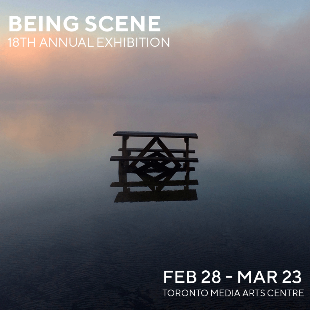 Photograph of a picnic table being reflected in water. Includes writing: Being Scene 18th Annual Exhibition and Workman Arts logo.