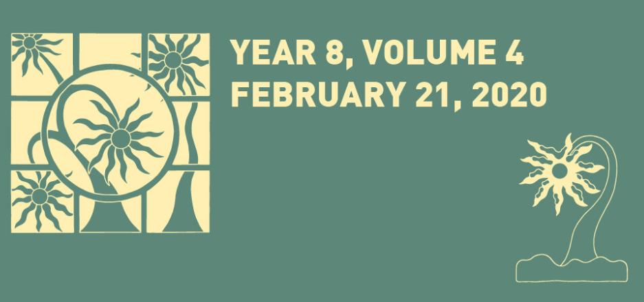 Light yellow illustrations of stylized plants on a green background, and light yellow text that reads: Long Winter, Year 8 Volume 4, February 21, 2020