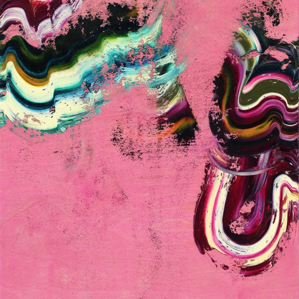 A predominatly pink painting with large abstract swirls of yellow, maroon, dark green, black, teal, white and orange by Shannon Taylor-Jones titled "aftermath," 2019