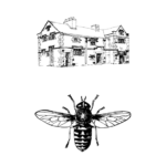 A line drawing of a two-storey house on the top half of the page and a bee with its wings spread on the bottom half of the page.