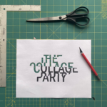 An event poster featuring a cutting mat, scissors, a ruler, an exacto knife, and a cut up sheet of paper with words “The Collage party”.