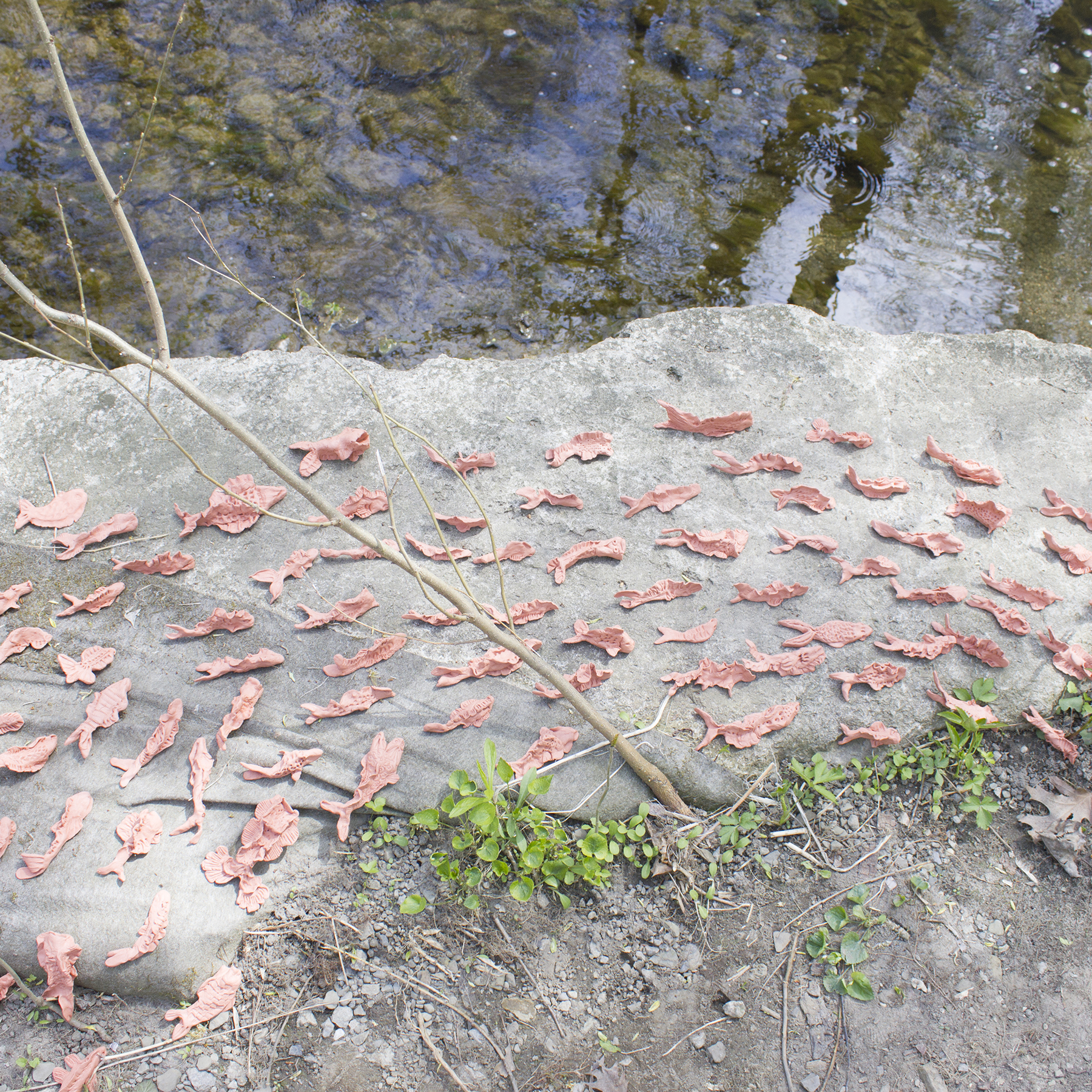 A photograph of many small hand-sculpted red clay fish laid out on a rocky river bank.