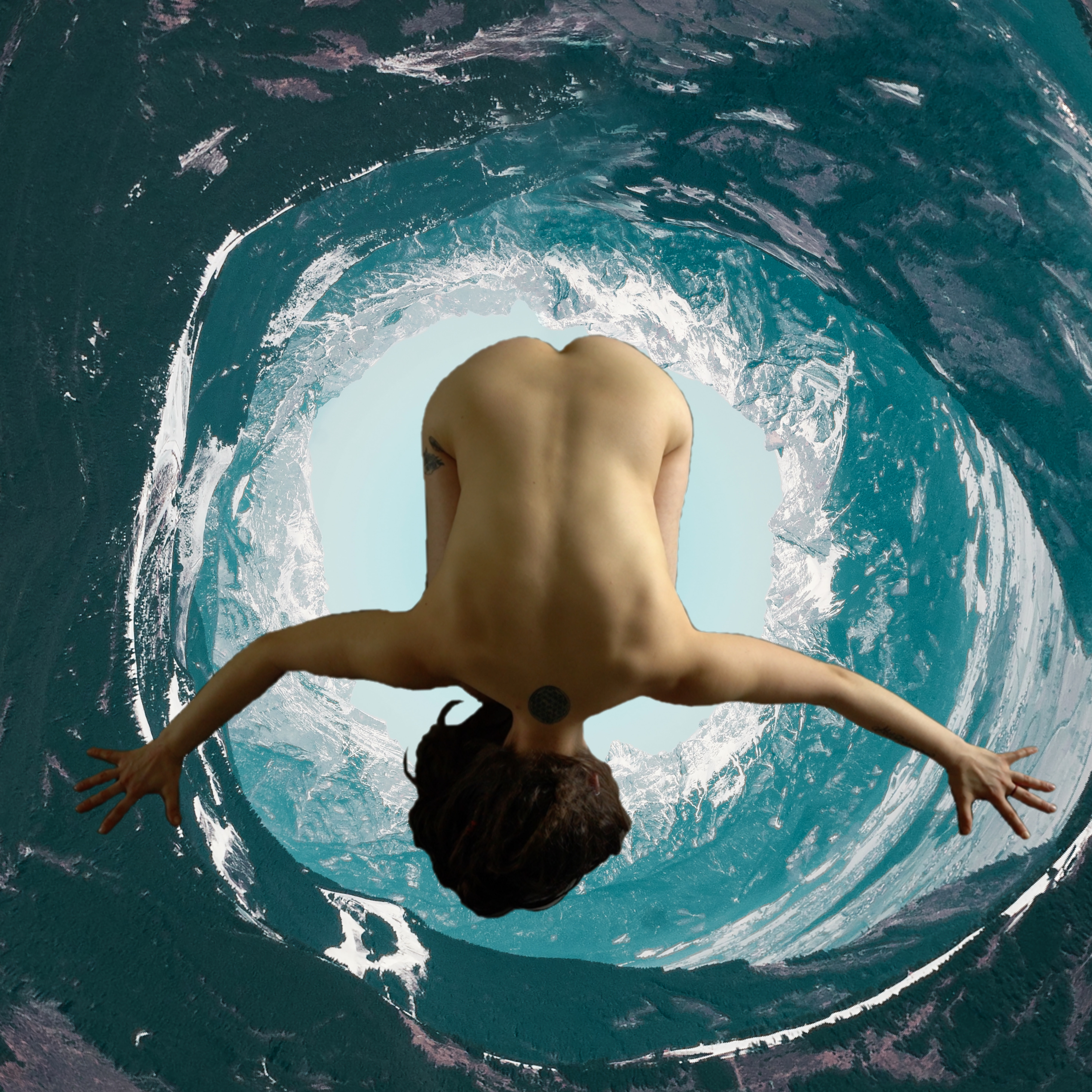 A photo collage depicting a nude person jumping into a water vortex with their arms spread, viewed from above.