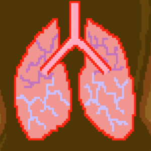 A pixel drawing of lungs, colored in pink and light purple, and outlined in red against a brown background.