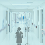 A simplified icon depicting a person in a hospital gown hooked up to an IV drip placed within a photograph of a hospital hallway.