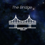 White logo of a bridge on a dark blue galaxy background.
