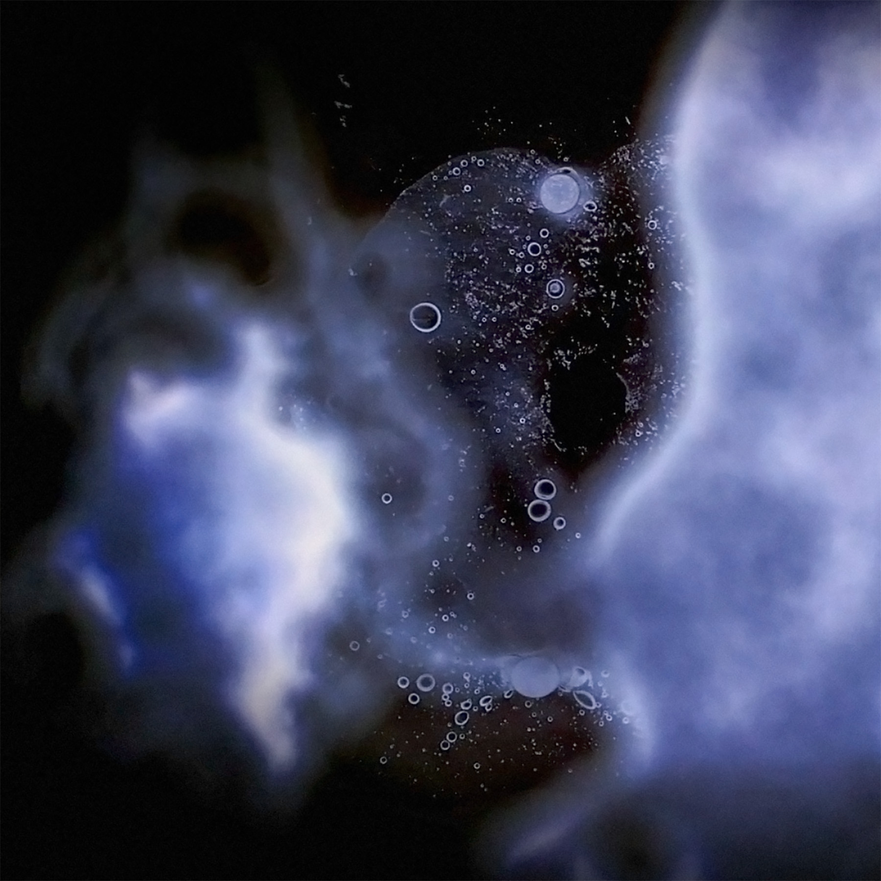 Abstract image of blurry, fluid, white shapes on a dark background.