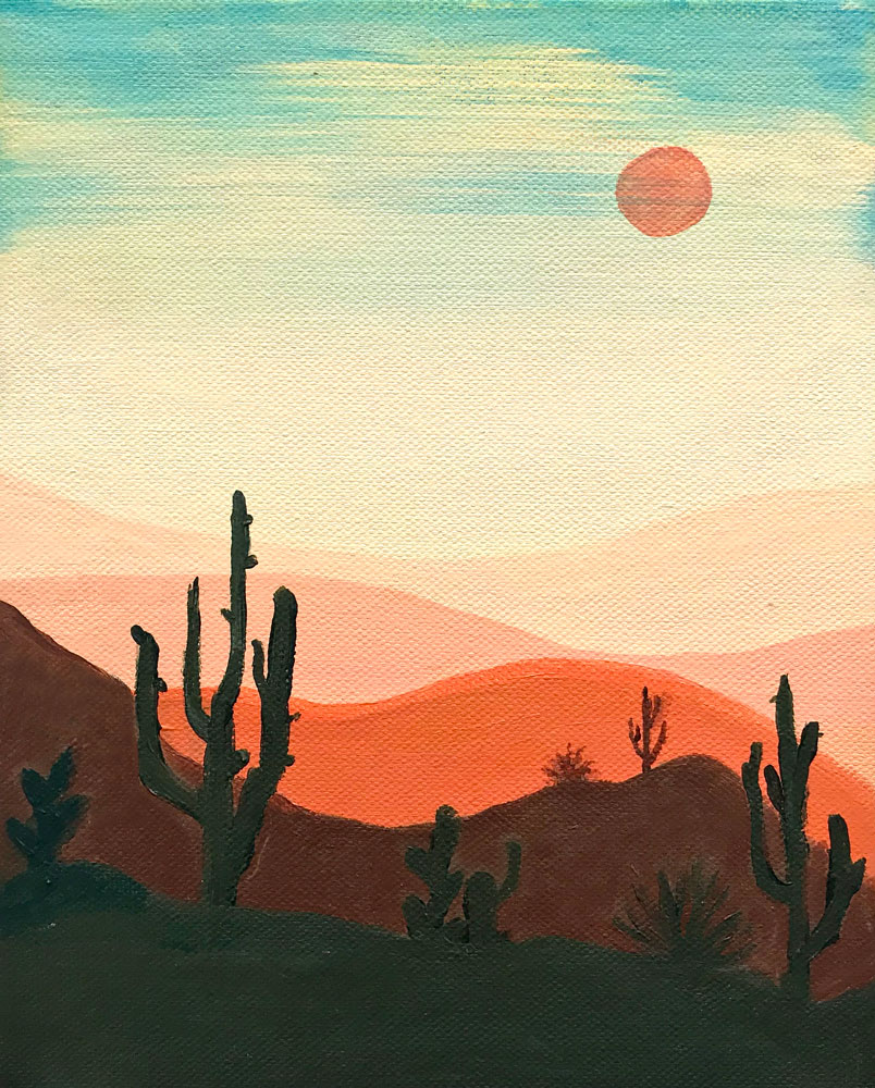 A painting of a desert, with cacti and mountains seen in silhouette. The colours are predominantly shades of orange, yellow, tourquoise and brown.