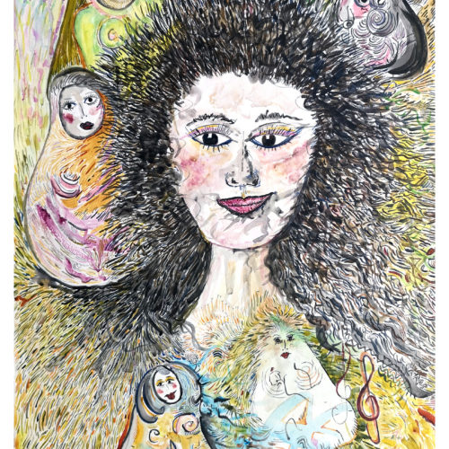 Painting of a person surrounded by figures shaped like eggs. The person has large eyes, red lips, and black hair.