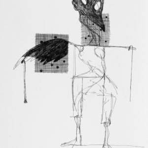 Black and white drawing of a thin lined body of a human figure with a bird head and thin neck. One arm is a wing where both arms hold a cane each. There are two cross-hatched rectangles with dots