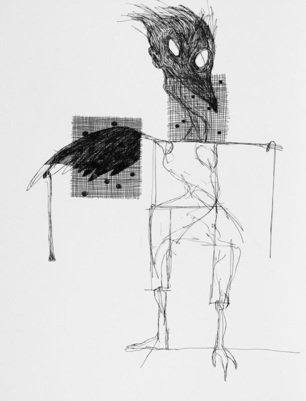 Black and white drawing of a thin lined body of a human figure with a bird head and thin neck. One arm is a wing where both arms hold a cane each. There are two cross-hatched rectangles with dots