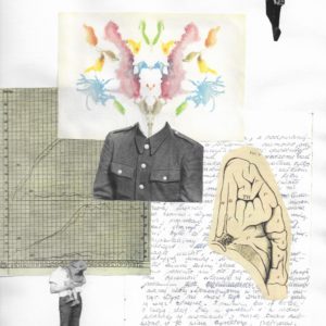 Collage of a graph on the left and a handwritten letter on the right in the background, with a figure above walking away, and a headless figure holding a headless child below. Overtop of the letter is a diagram of a body part nearly resembling the brain. Overtop of the letter and graph is a portrait of a headless figure wearing a button up shirt. This is layed over a colourful rorschach implying that it is the head of this figure.