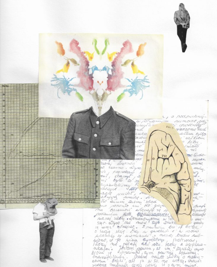 Collage of a graph, lung drawing, portrait with flowers for a head