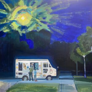 Painted portrait of a park parking lot with a bright light in the blue sky and an ice cream truck with an adult and child waiting for their treats.