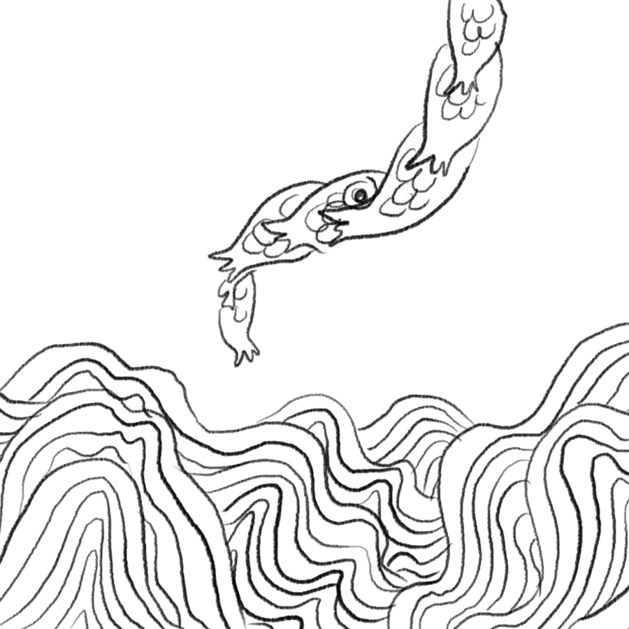 Black and white line drawings of multiple linked fish swimming above waves of black lines.