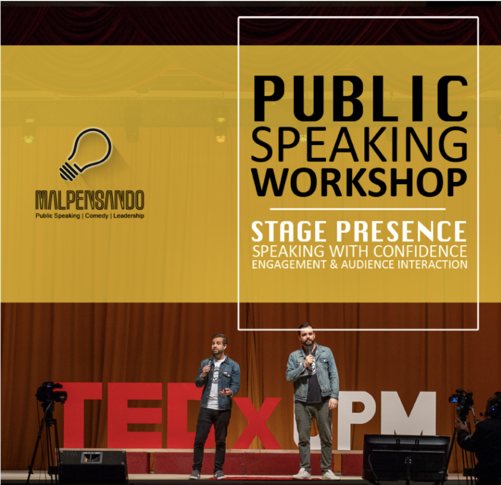 Marketing graphic with white squares and main text reads "Public Speaking Workshop". Two male presenting people stand on stage in front of TED X sign.