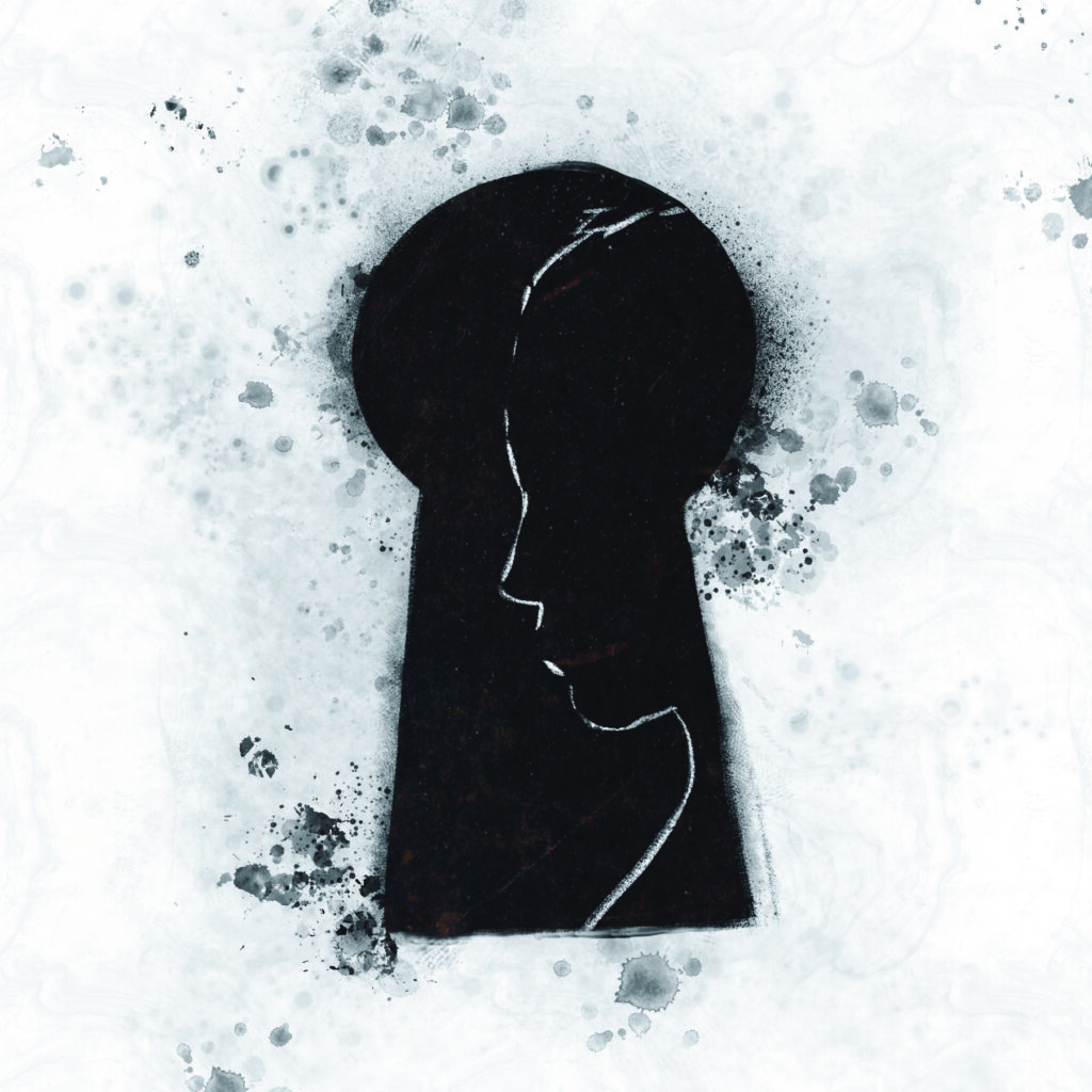 Illustration of a close up of a skeleton key hole with a white line silouette with a feminine face. The background is white with snudges and droplets of ink.