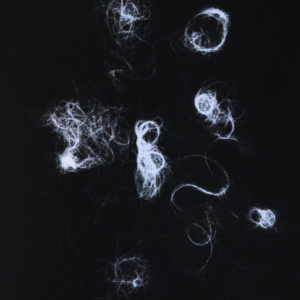 An inverted photo with black background and white swirls of hairs