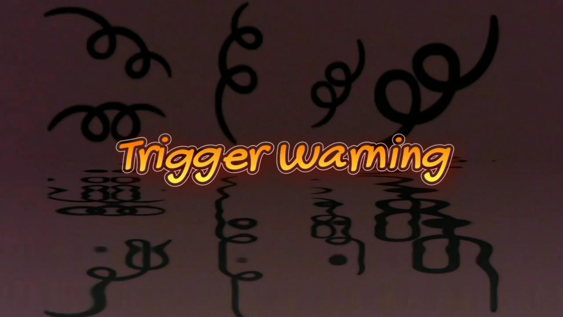 Black swirls and its reflections on a maroon background. The highlighted text in the centre reads "Trigger warning."