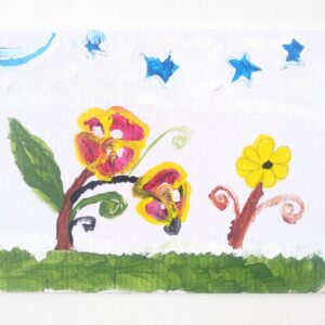 Bloomed yellow flowers on green ground with blue stars in the sky.