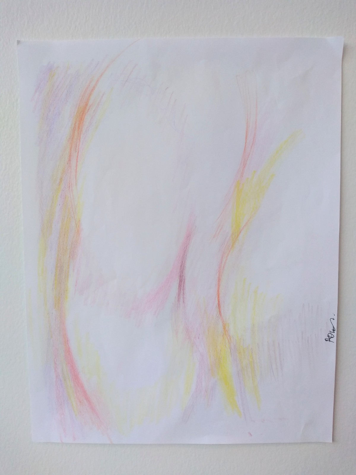 Coloured curved abstract pencil markings in warm colours.