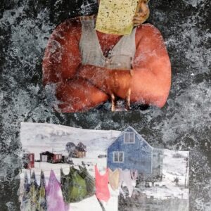 A digital collage of a person with a document on their head and bags on a clothing line on a snowy neighbourhood.