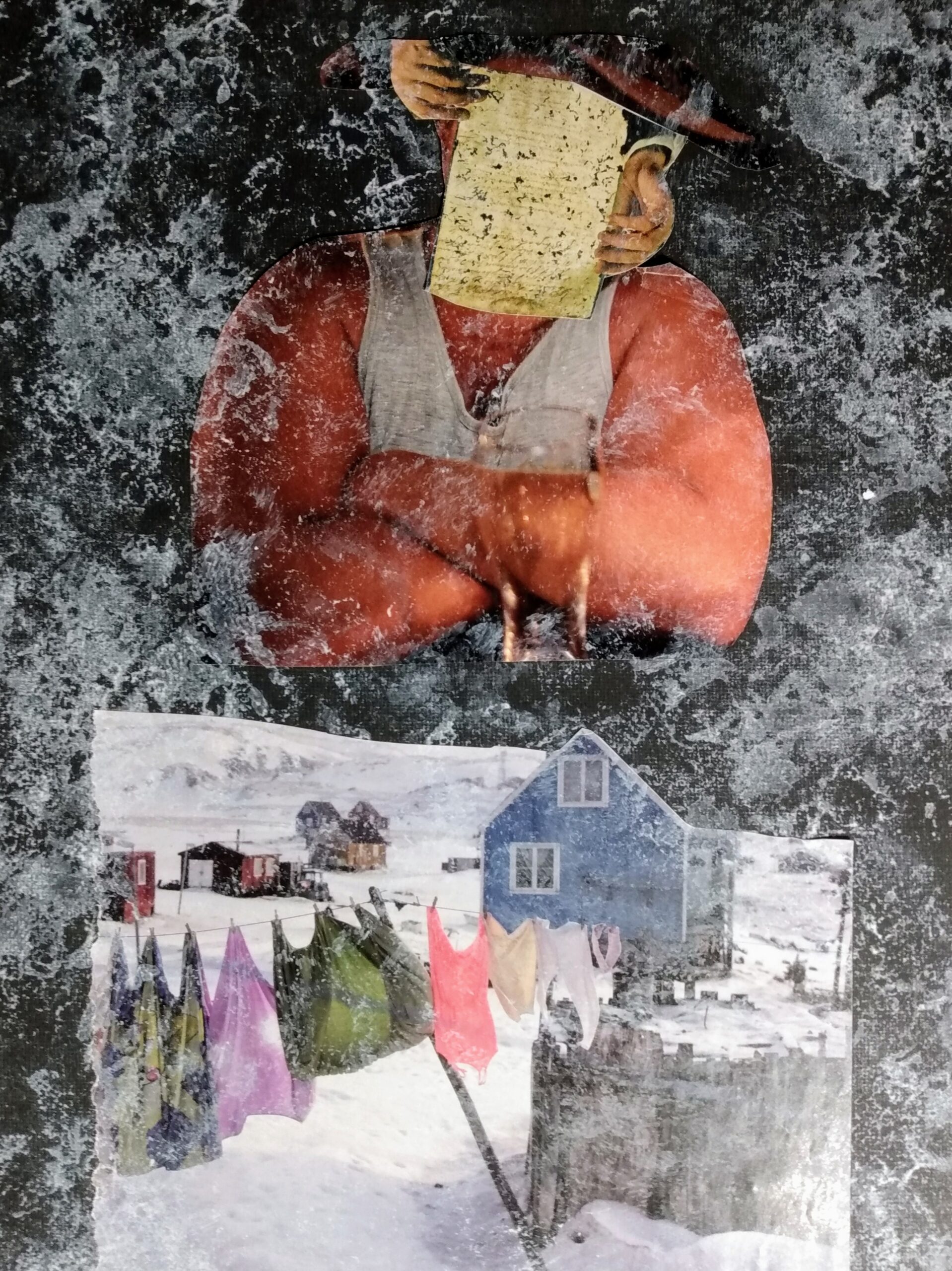 A digital collage of a person with a document on their head and bags on a clothing line on a snowy neighbourhood.