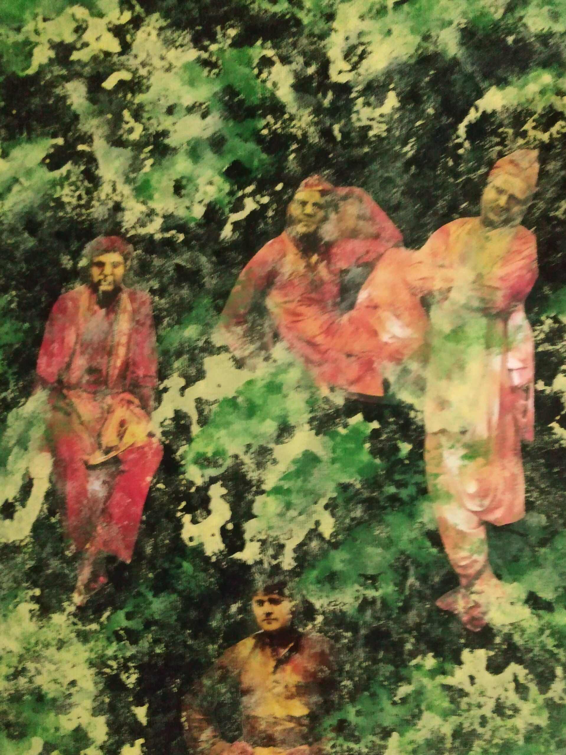 A digital collage of four male presenting dark skin people in red garments surrounded by green and yellow pattern.