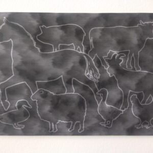 White outline sillouttes of farm animals on a black and white marble background.