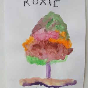 A watercolour multicolour tree with text "Roxie" at the top and artist name under three.