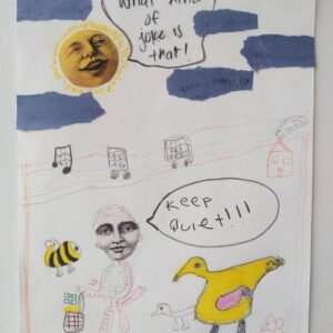 A smiling moon in a speech bubble says "What kind of joke is that" and face in the center with speech bubble "Keep Quiet" these images are surrounded buy drawings of ducks, body holding a purse with money, house and musical notes.
