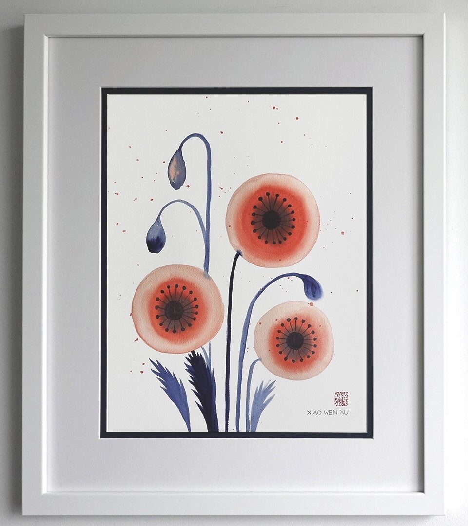 Watercolours of round poppies bloomed and buds drooping downward.
