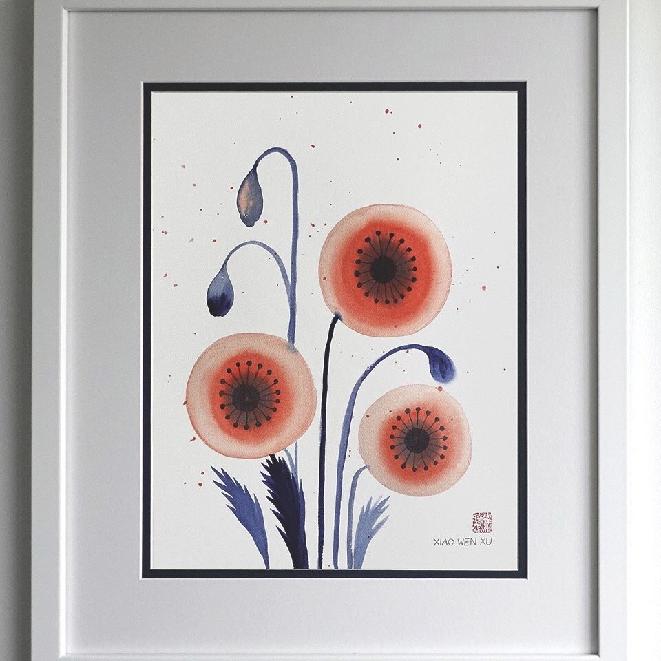 Watercolours of round poppies bloomed and buds drooping downward.