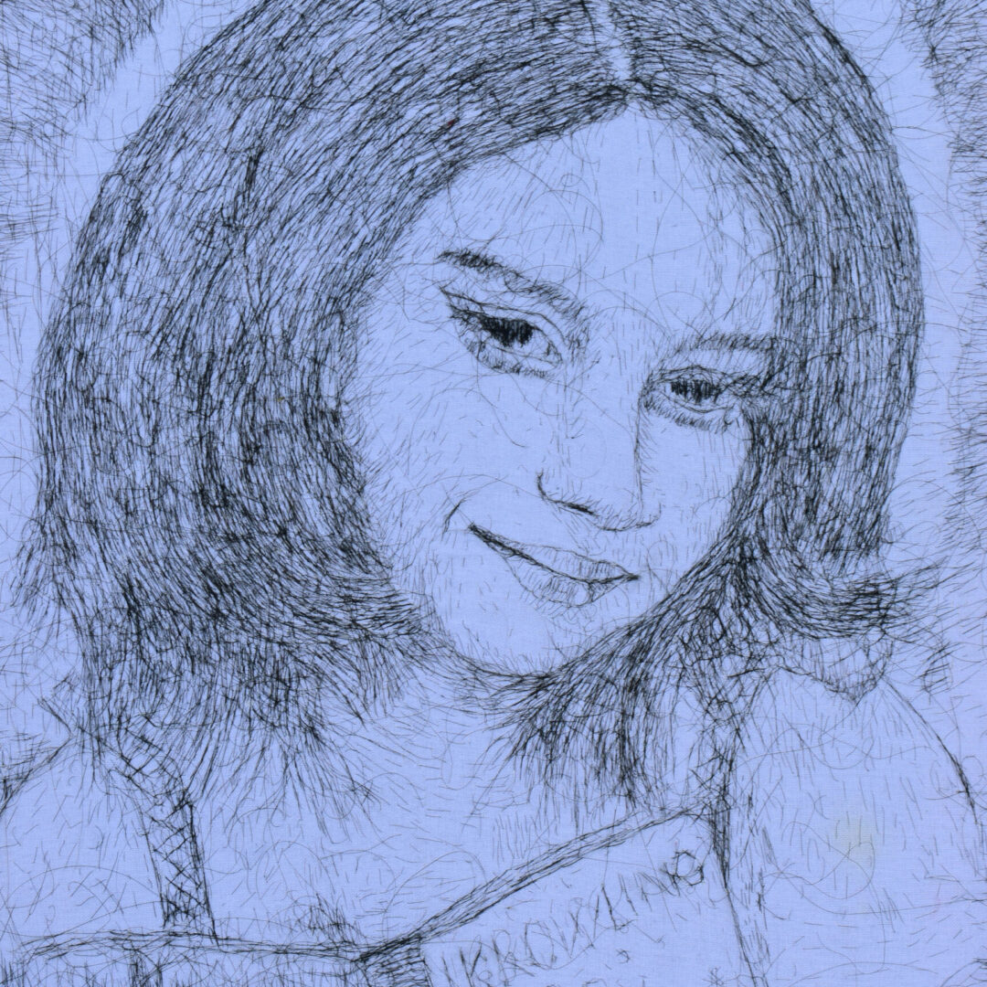 Portrait of a smiling young face with their shoulder to their chin drawn with short fine line strokes.
