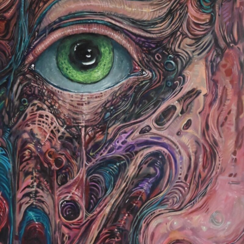 Colourful swirl of blue, purple and pink veins of a close up of a human face with green eye and a nose.