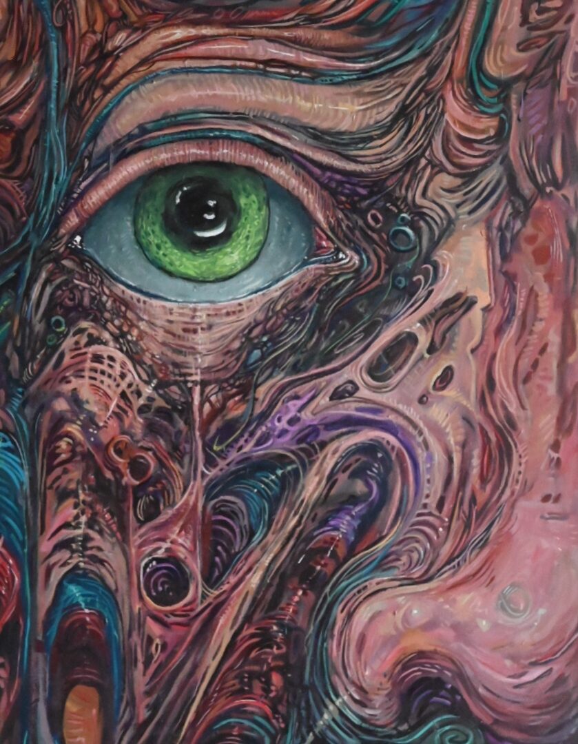 Colourful swirl of blue, purple and pink veins of a close up of a human face with green eye and a nose.
