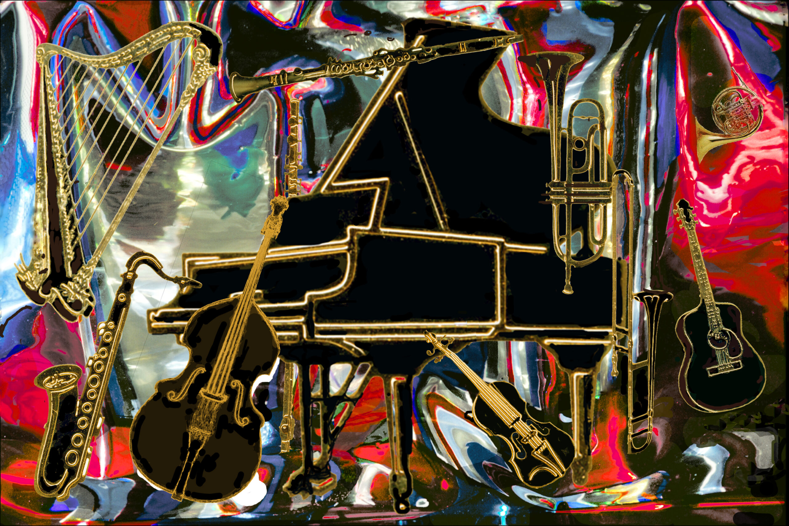 Black piano centred with surrounding instruments while abstract colours in the background.