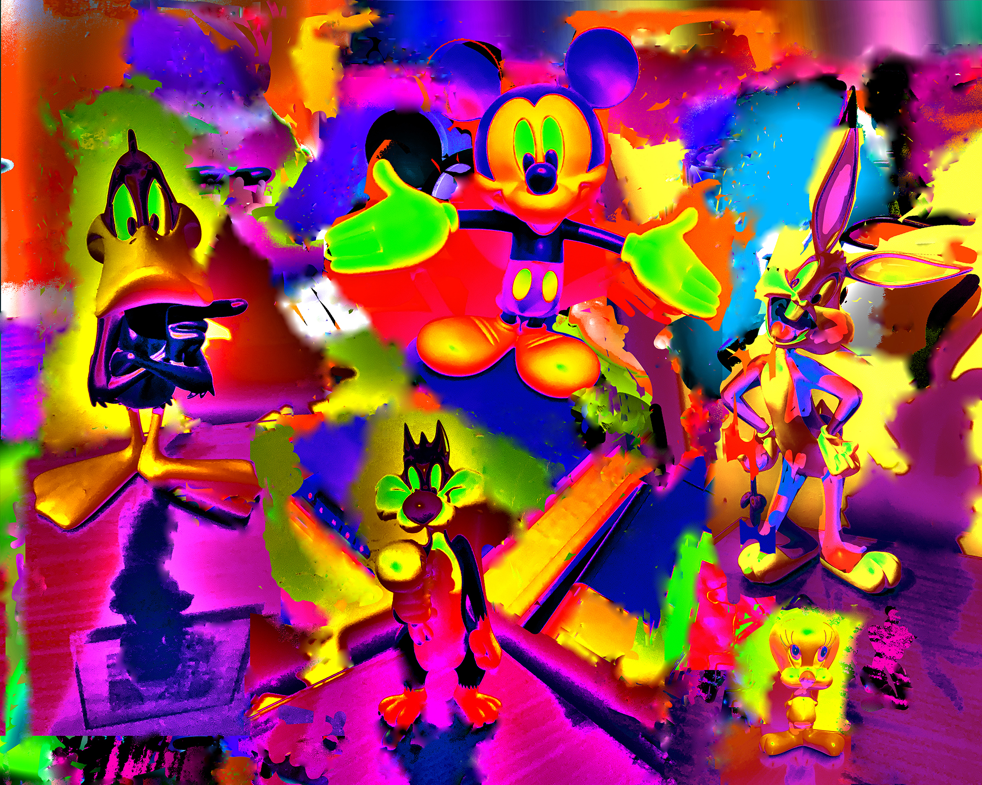 Bright abstract background with Looney Tunes and Mickey Mouse images in the foreground.