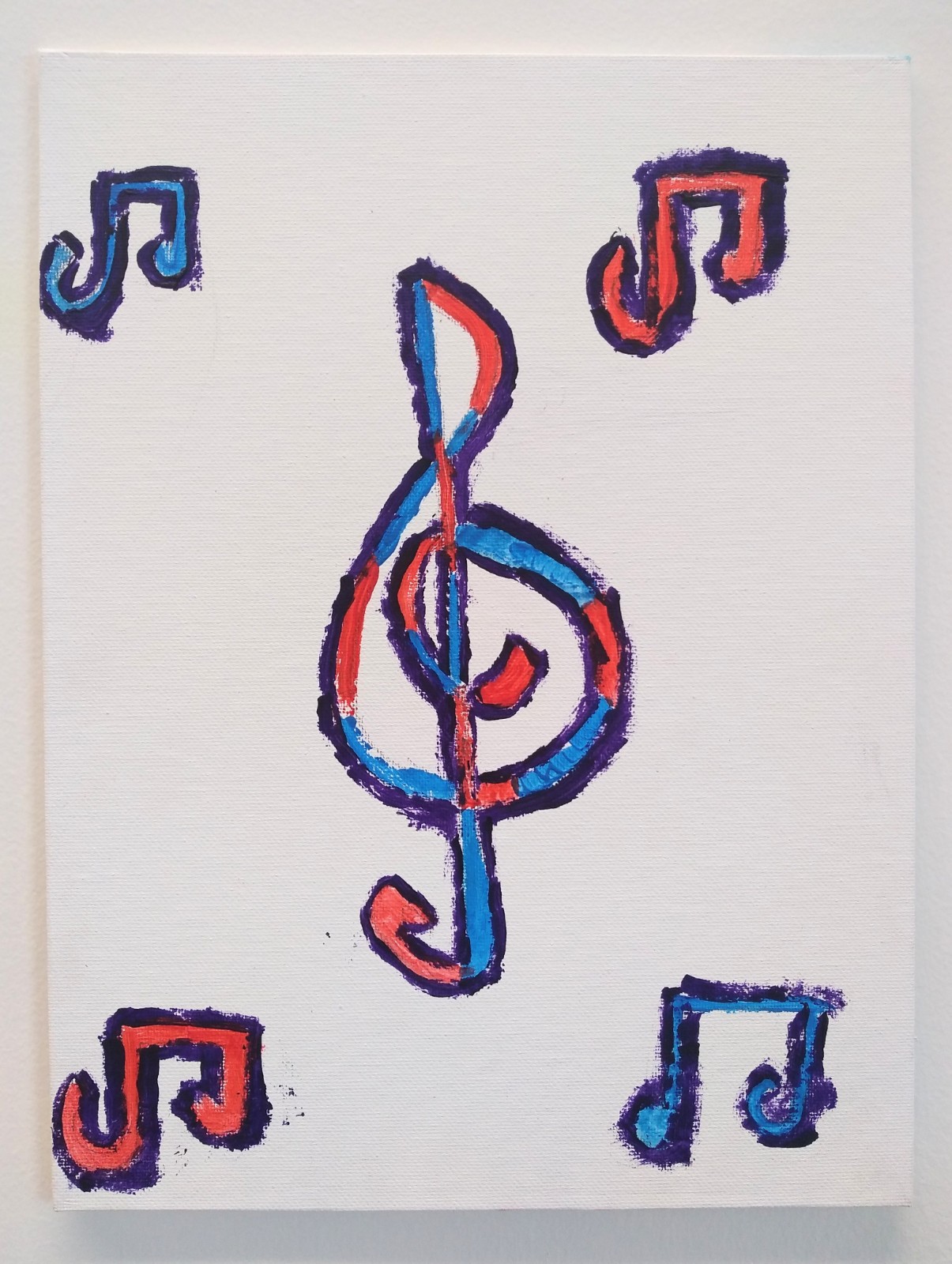 Blue and red music notes on the top and bottom corners with a treble clef in the centre.