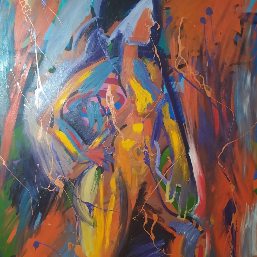 Colourful painting silhouette of a nude body with abstract colours filling the body and background.