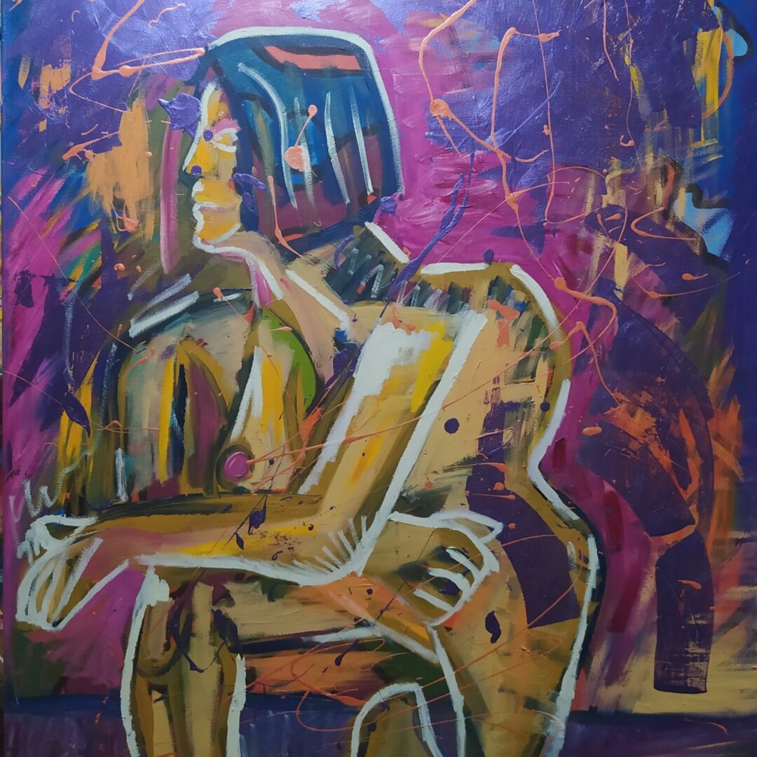 Painting of a nude body kneeling with elbows resting on the right knee in front of purple abstract background.