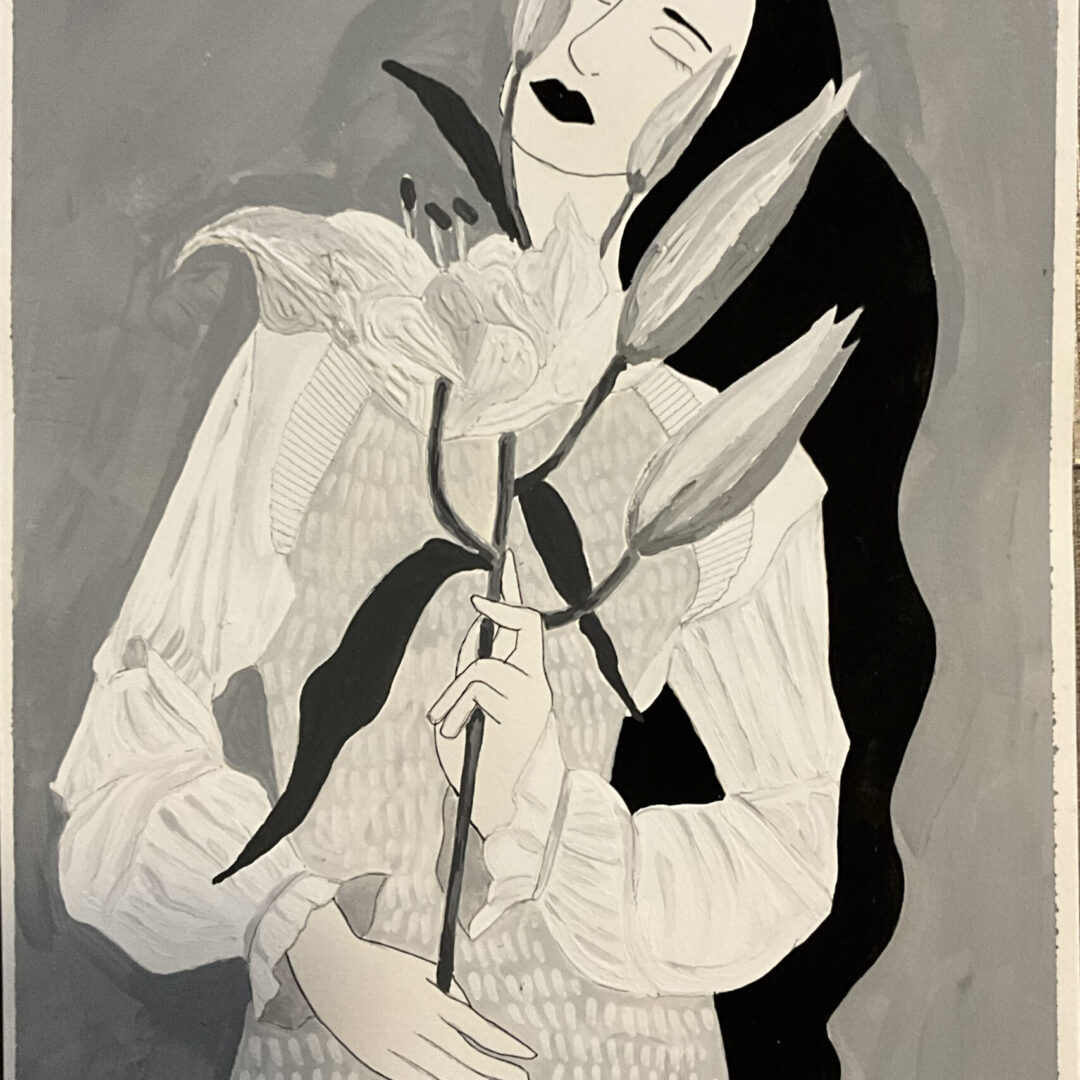 Black and white painting of a person closing their eyes tenderly holding a large flower with eyes closed.