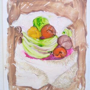 Bowl of fruit with brown border.