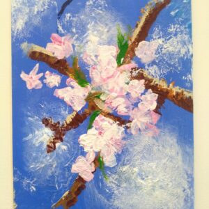 Textured cherry blossom on a branch with sky blue background.