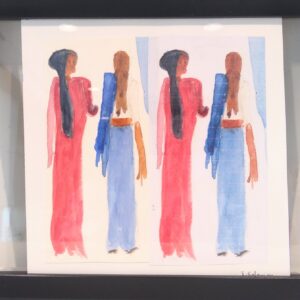 Doubled two figures standing side by side with long hair and garments in a black frame.