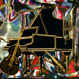 Black piano centred with surrounding instruments while abstract colours in the background.