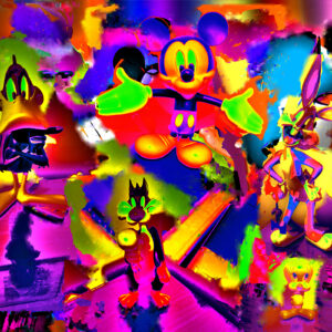 Bright abstract background with Looney Tunes and Mickey Mouse images in the foreground.
