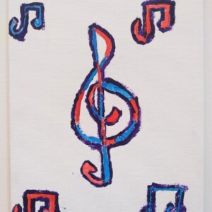 Blue and red music notes on the top and bottom corners with a treble clef in the centre.
