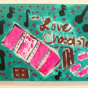 Musical notes, a pink chocolate bar and choclate pieces with text "Love Chocolate" with a teal background.