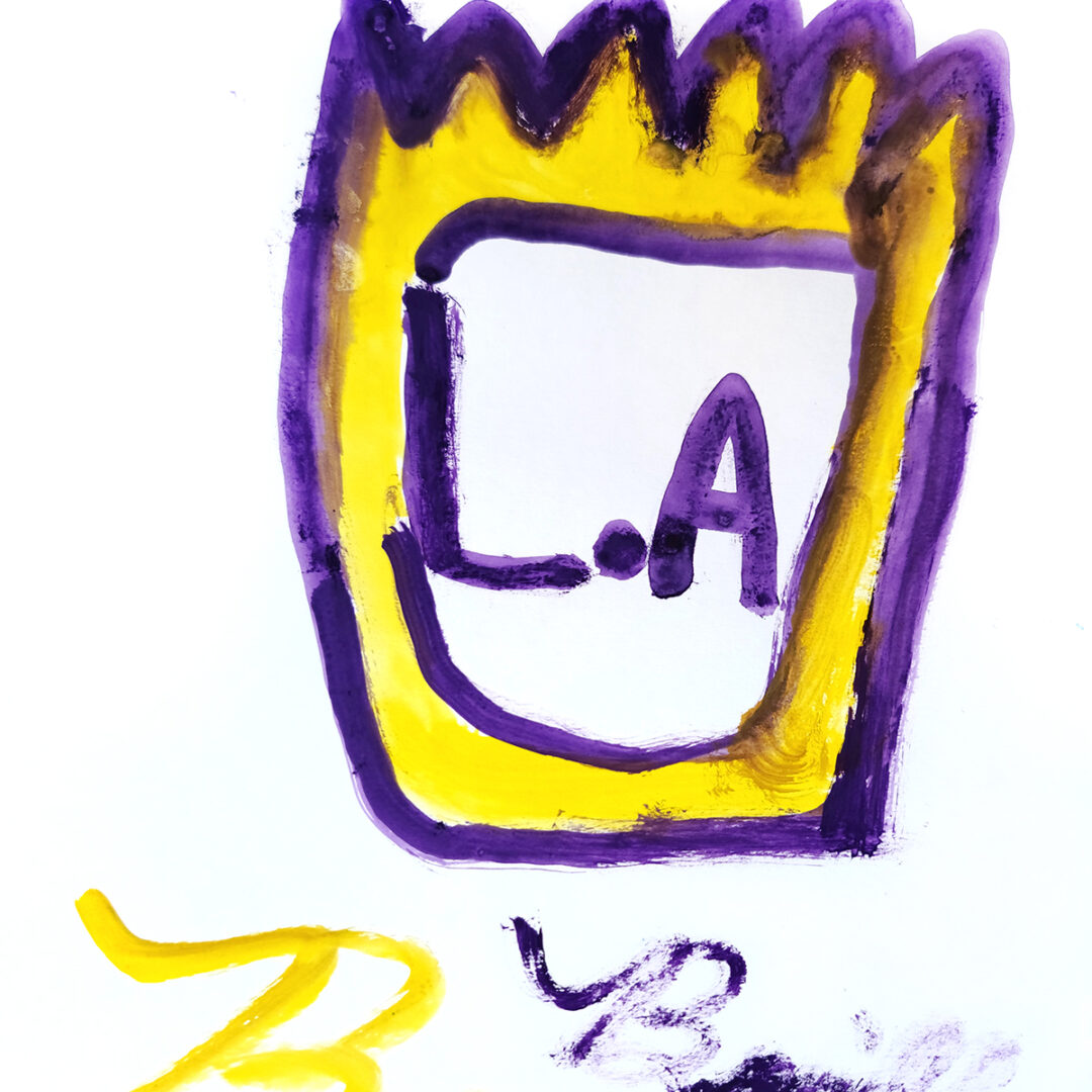 Painting of a yellow crown lined with purple with the letters L.A inside.